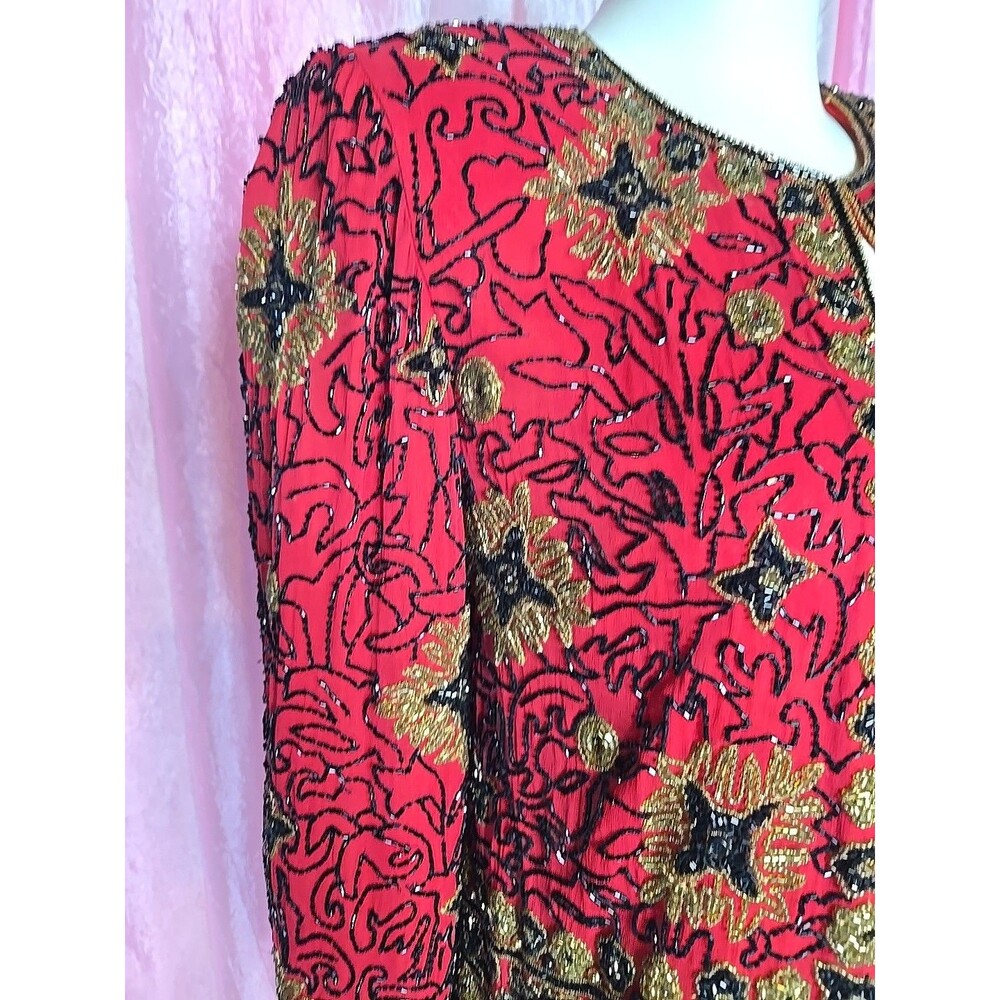 Vintage Adrianna Papell Red Silk Exquisite Beaded Evening Jacket Size 8 - Picture 4 of 16